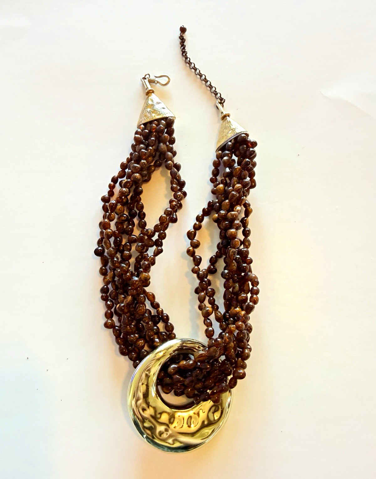 Brown Wood Beaded Multi-Strand Statement Necklace Gold Tone Round Charm Hook