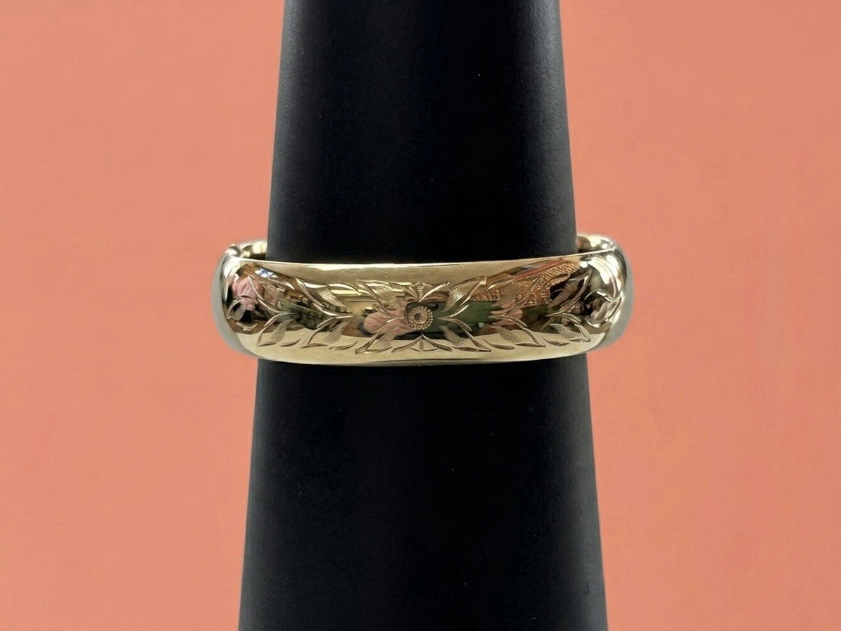 Vintage HFB 1/20 14K GF Gold Filled Etched Floral Hinged Bangle Bracelet-7”