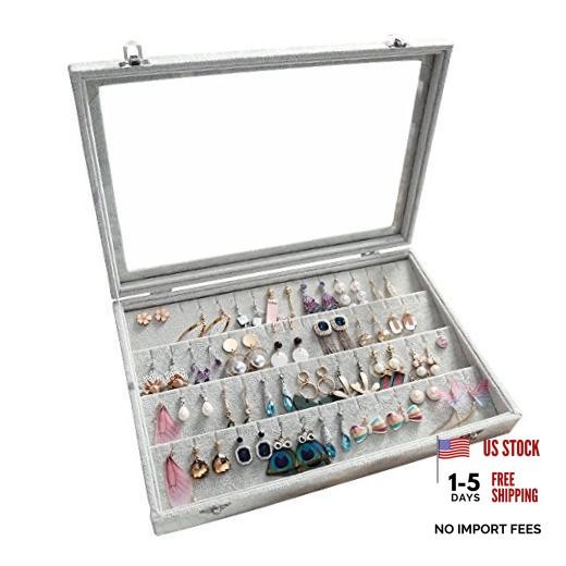 Velvet Clear Lid Earring Box Organizer Storage 55 Pairs Stud Tray Earrings