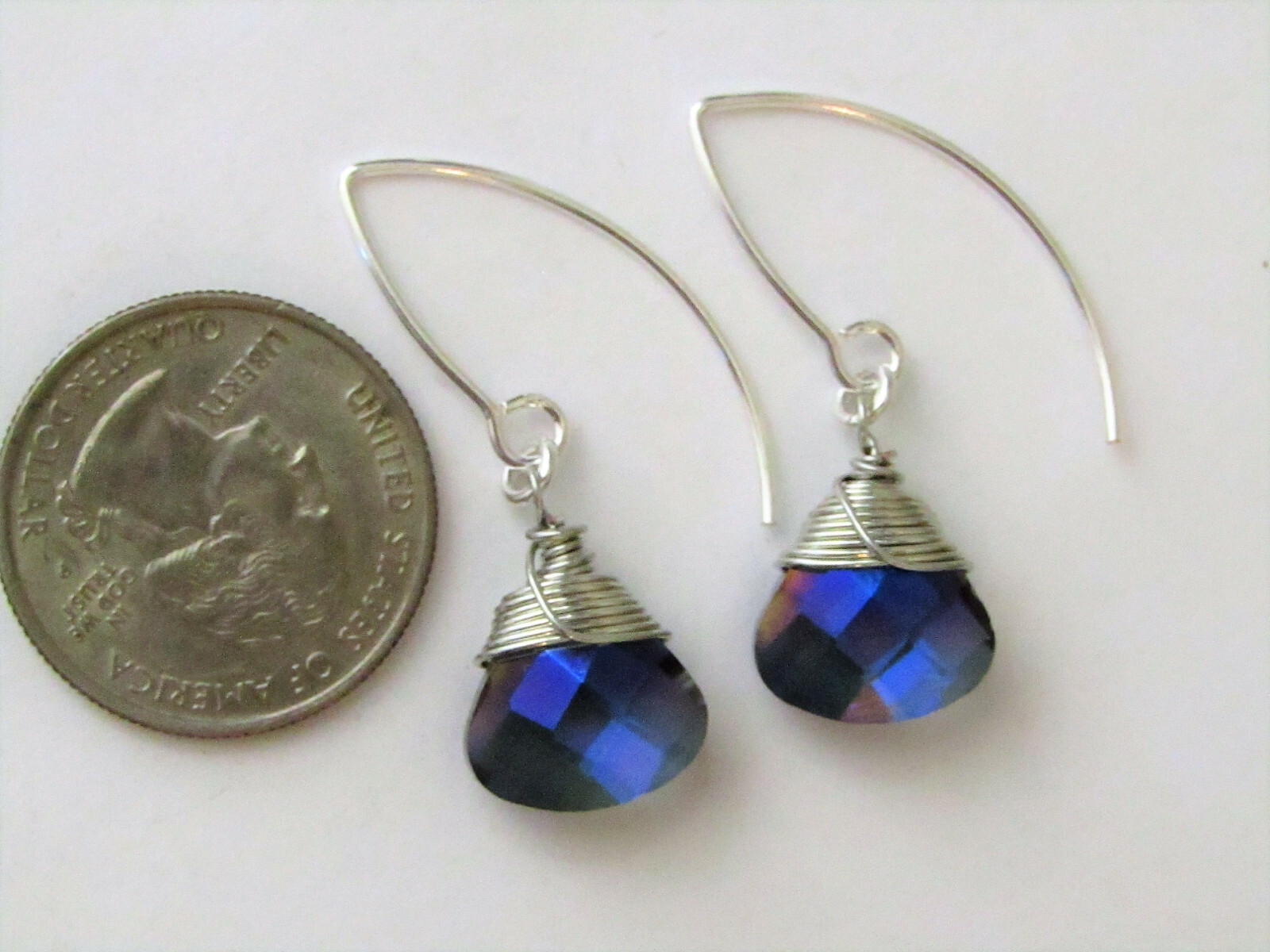 Metallic Blue AB Crystal Teardrop Silver MARQUISE Earrings USA HANDMADE