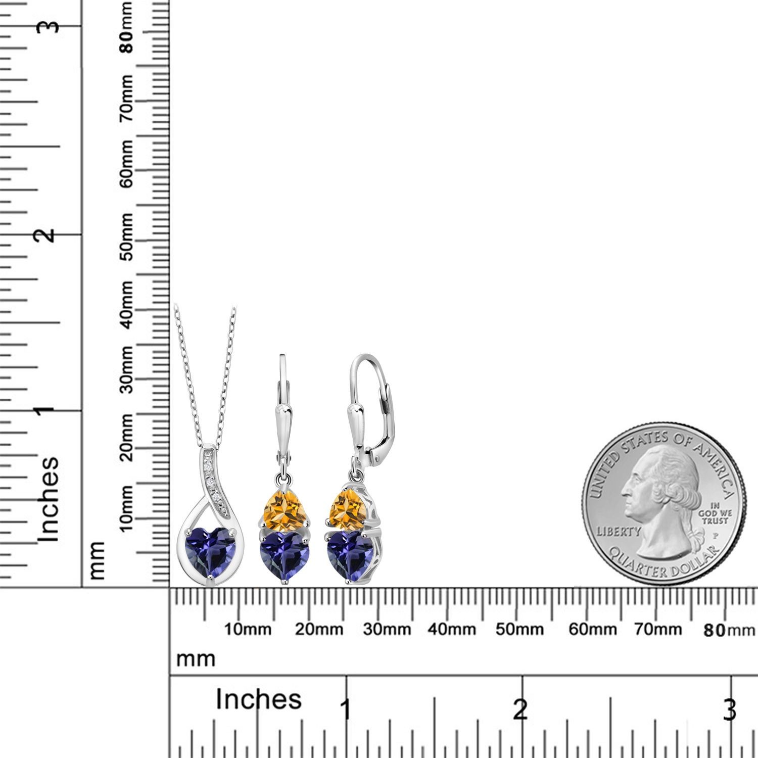 925 Sterling Silver Blue Iolite and Citrine Pendant Earrings Set For Women