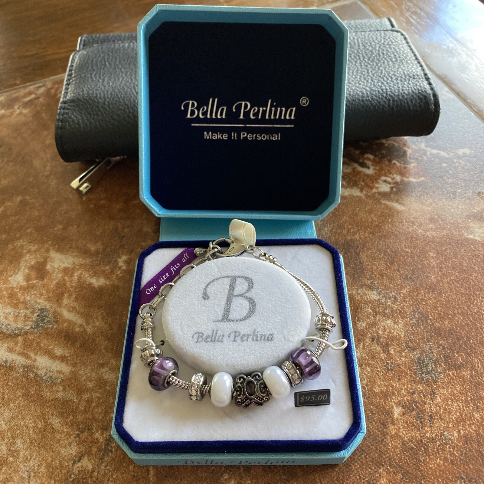Bella Perlina Purple Glass Butterfly Charms Bracelet 6.25″- 8″ Silver Tone NIB