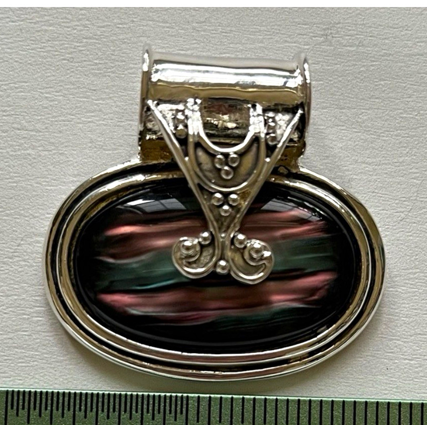 Silver Tone Oval Pendant Charm Bezel Set Black Pink Green Inlay