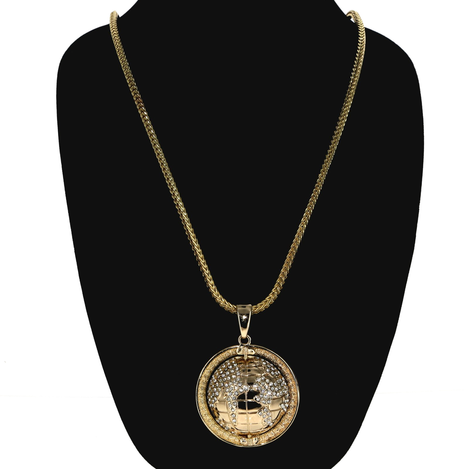 Hip Hop Gold Finish Iced Earth World Pendant Bling Chain 38″ Franco Chain