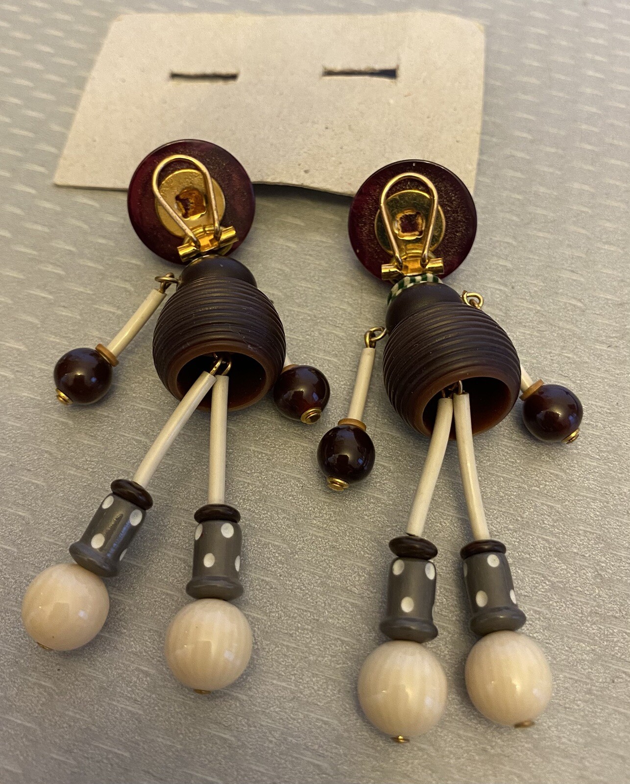 vintage French Celluloid Plastic Beaded Brown Girl Dangly Clip Paris Earrings 3″