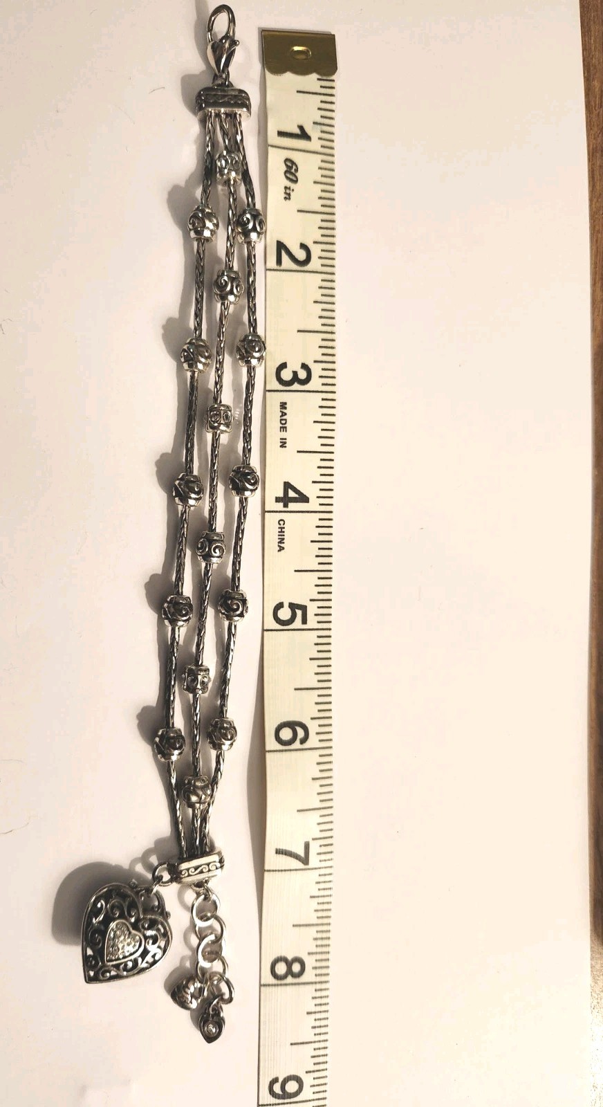 Brighton Reno Heart Silver Crystal Charm Bracelet-7-8” Adjustable W/Fabric Pouch