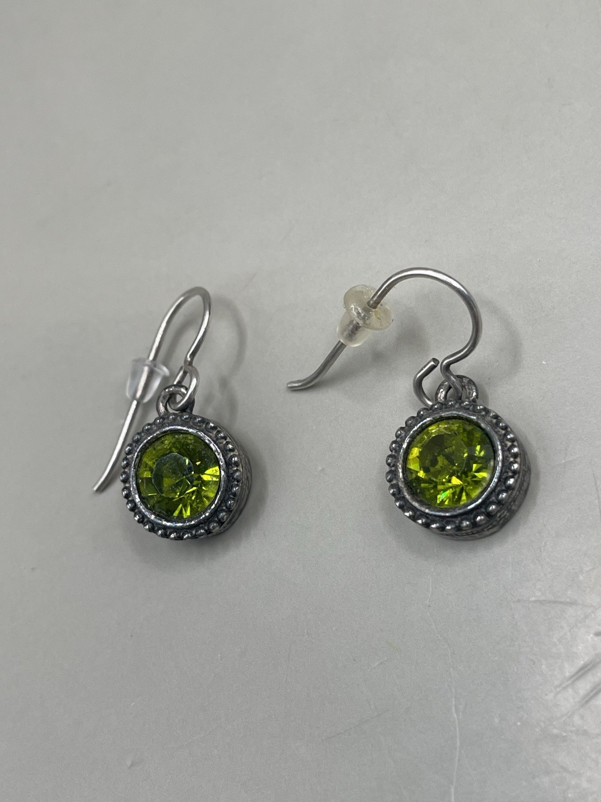 Signed Patricia Locke 2007 SilverTone Lime Green Swarovski Crystal Hook Earrings