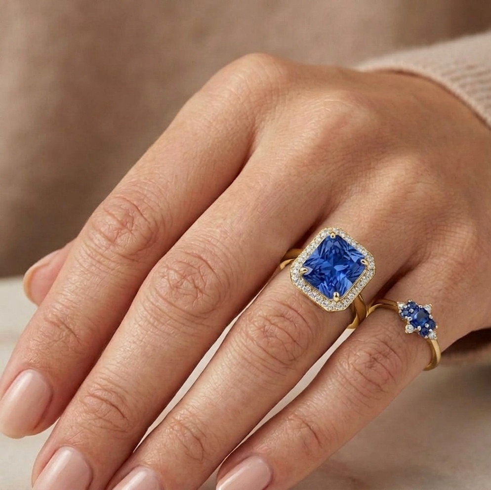 8.00 Ct Certified Radiant Cut Blue Natural Diamond Ring VVS1 Yellow Gold Finish