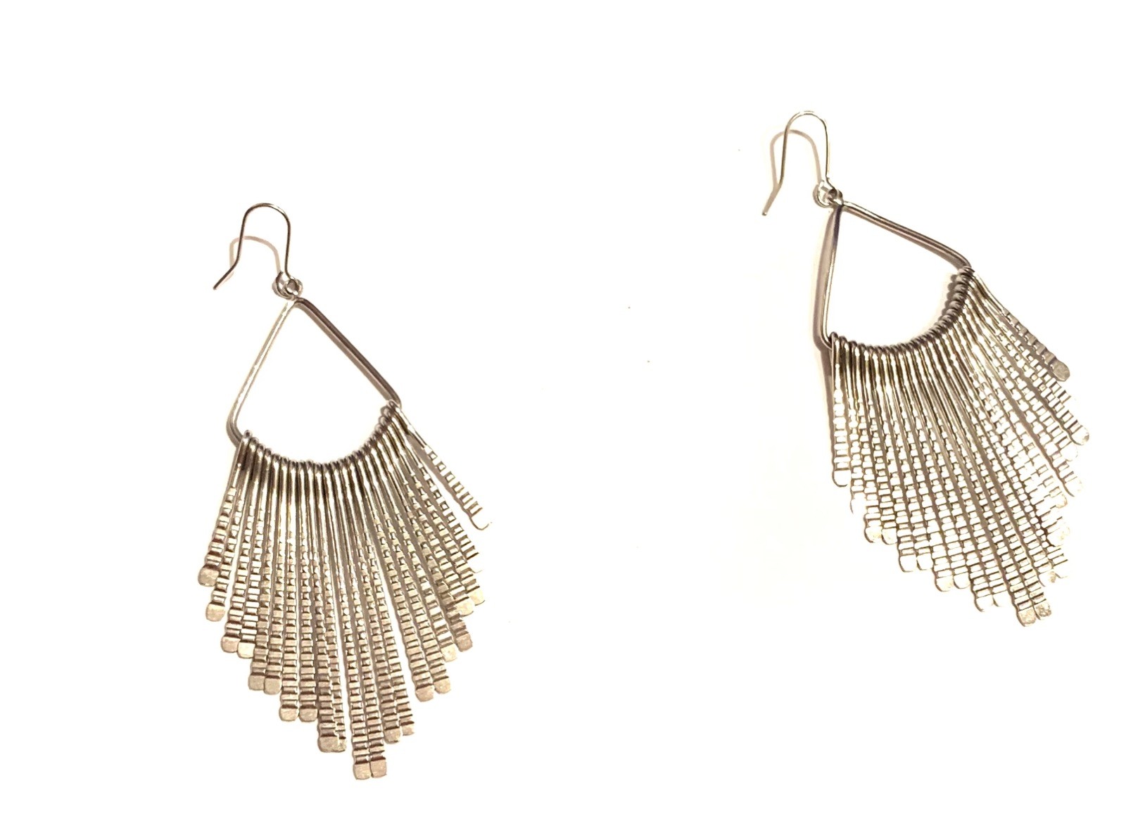 Vintage Silver Triangle Dangle Fringe 3.5” Long Articulated Earrings Retro Boho