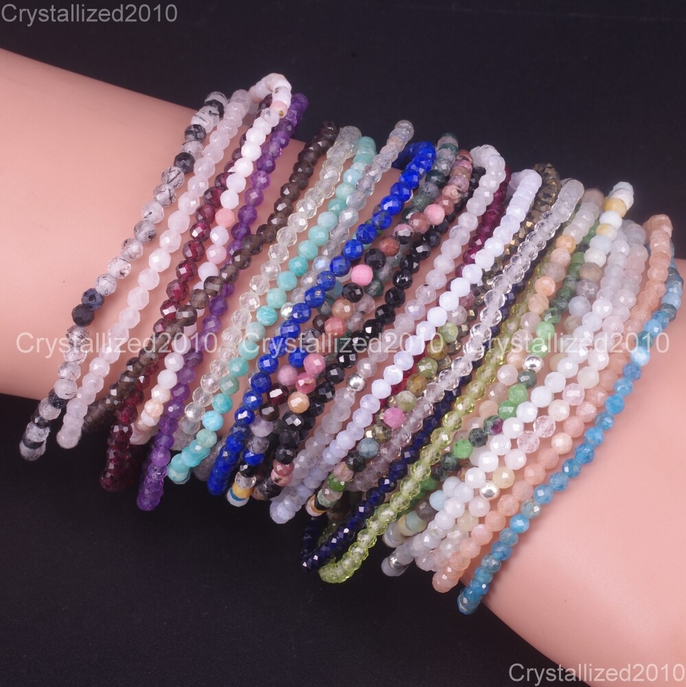 Natural Faceted Round Gemstone 2mm 3mm 4mm Handmade Beads Stretchy Bracelet 925