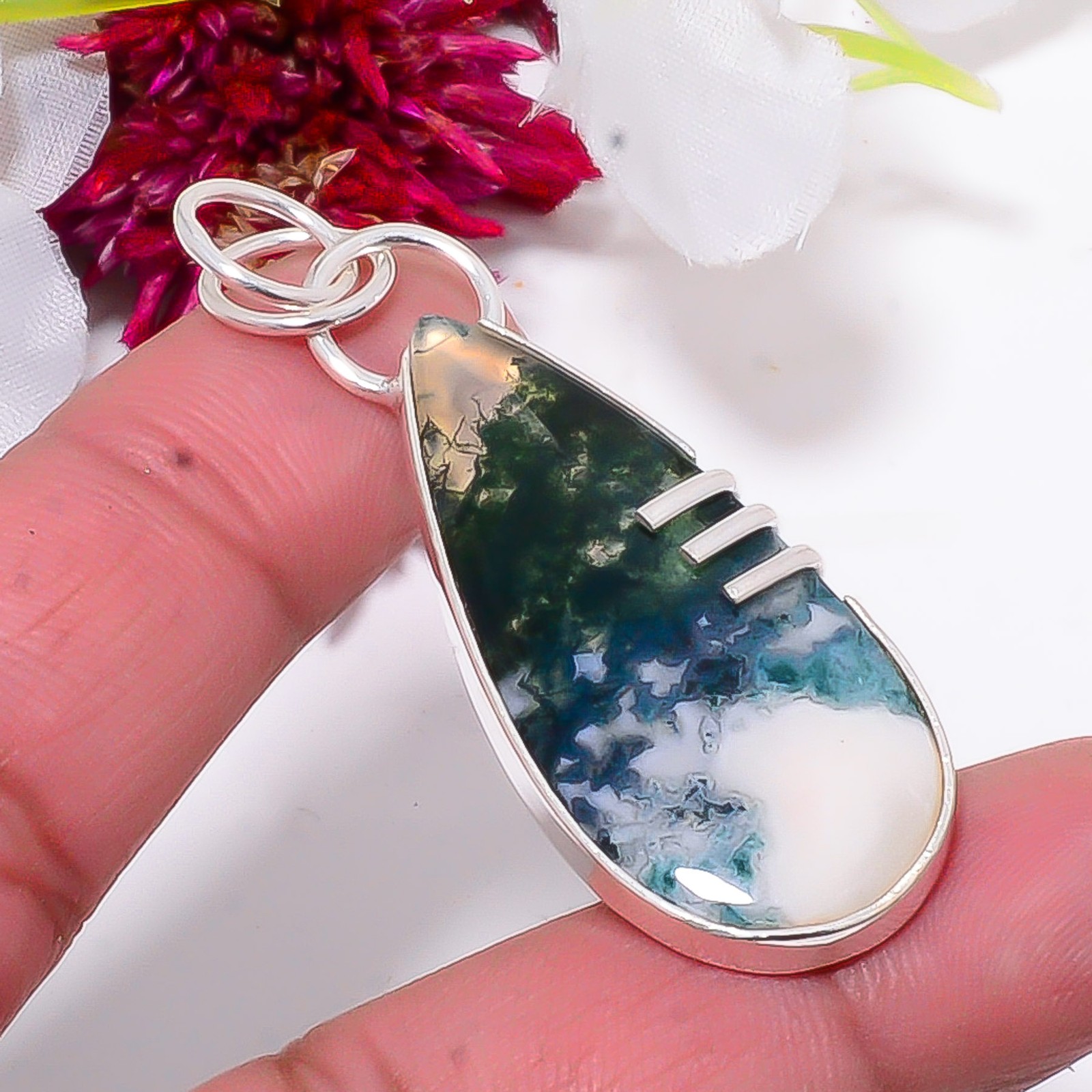 Moss Agate – India Designer Handmade 925 Sterling Silver Pendant 2.15″ Sku5