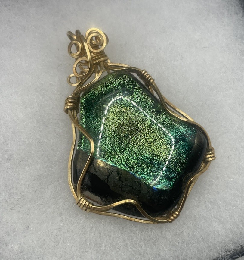 Blue Green Gold Dichroic Glass Pendant Handmade Gold Tone Wire Wrapped