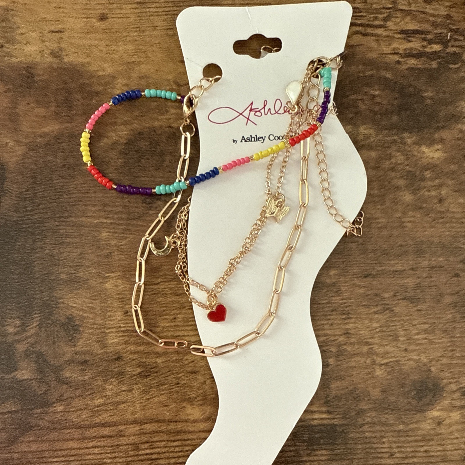 NEW Ashley Cooper 3 Pc Anklet Colorful Beads And Gold Chains