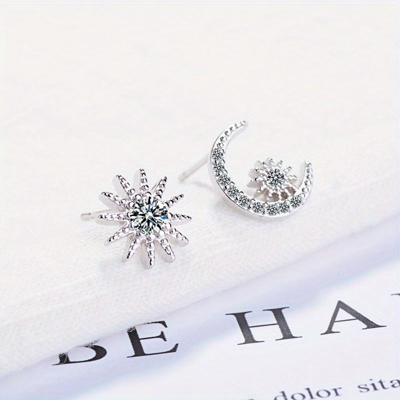 Women’s Elegant Asymmetrical Star Moon Ear Studs Rhinestones Copper Earrings