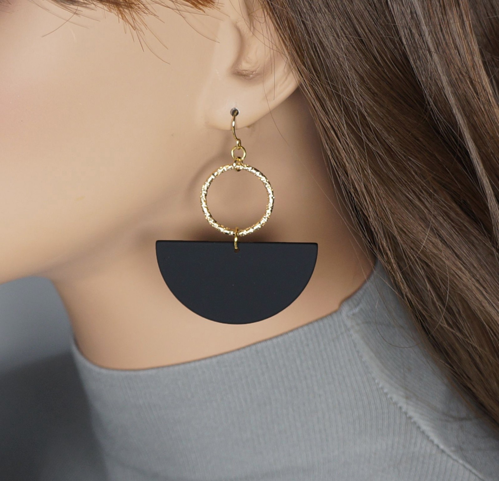 Gold or Silver & Black Acrylic Boho Statement Earrings Hypoallergenic Ear Wires