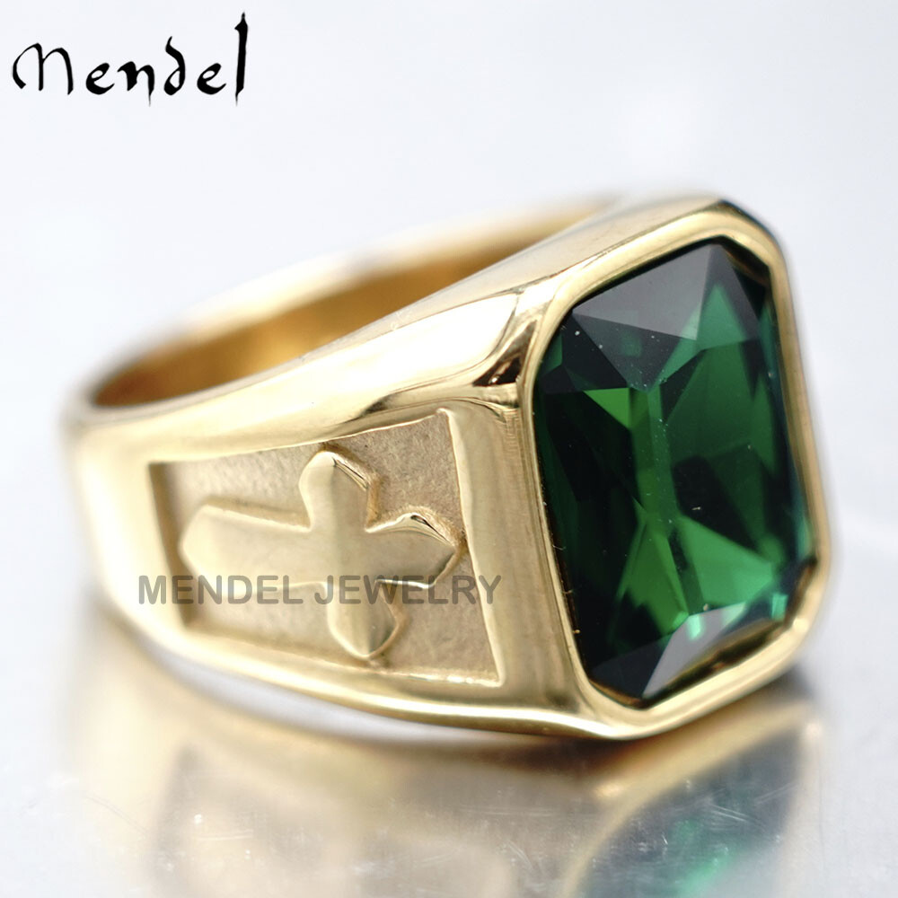 MENDEL Mens Gold Plated Christian Cross Green CZ Stone Ring For Men Size 7 8-15