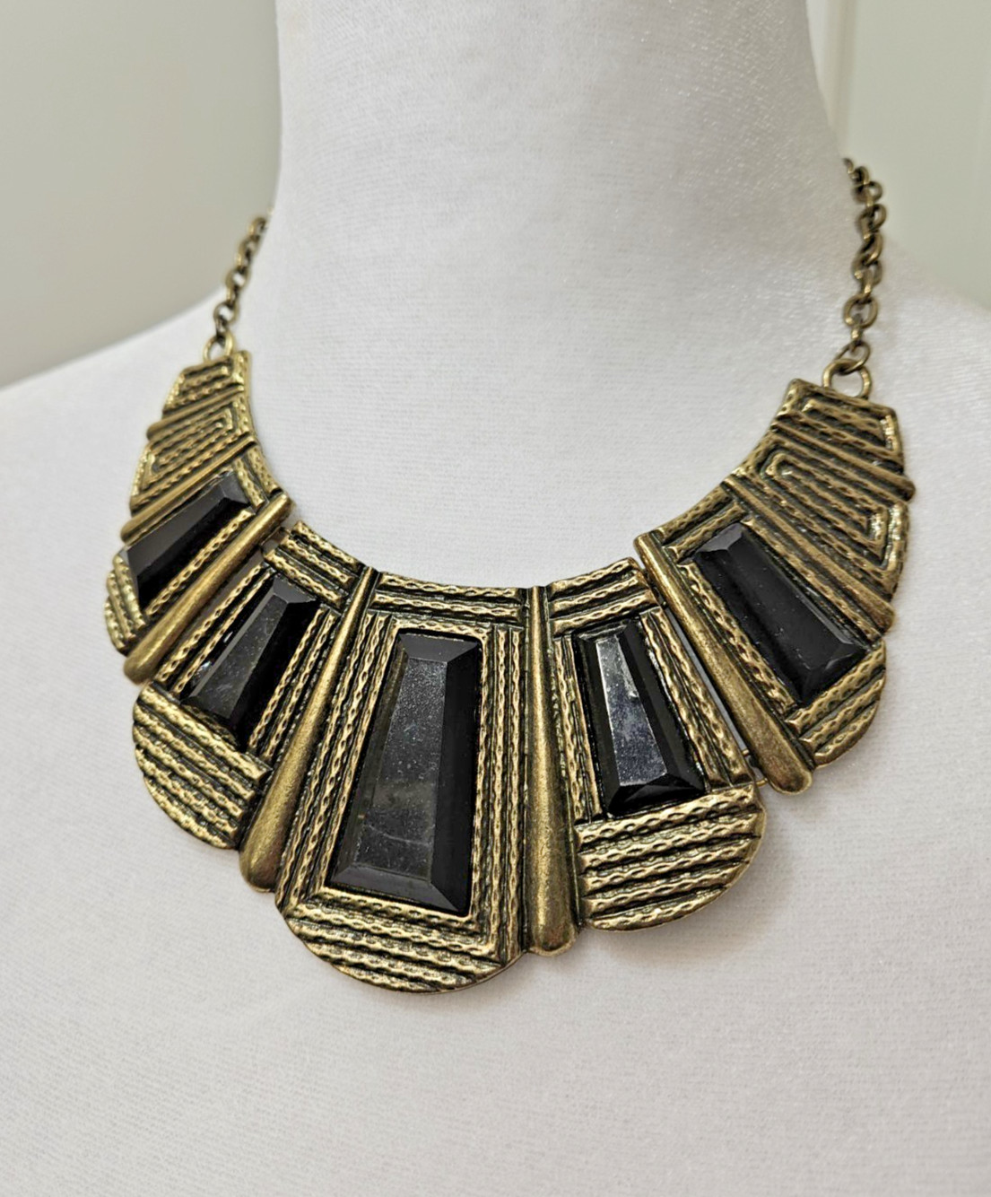 Vintage Geometric Statement Bib Necklace Black & Gold Tone Art Deco Egyptian Rev