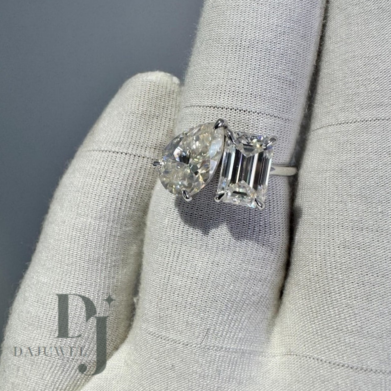 3 CT Pear/Emerald Cut Moissanite Toi Et Moi Engagement Ring Solid 14K White Gold