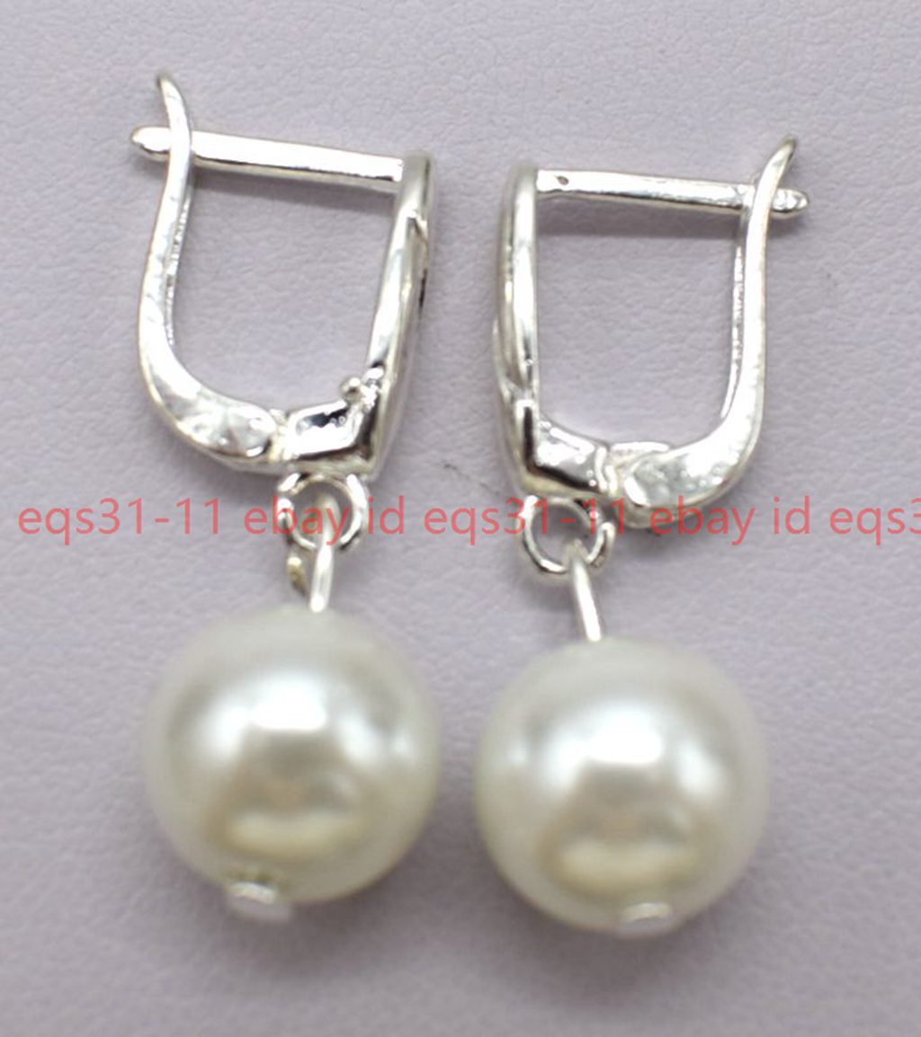 Beautiful Pretty 12mm White Shell Pearl Classic Round Beads Leveback Earrings
