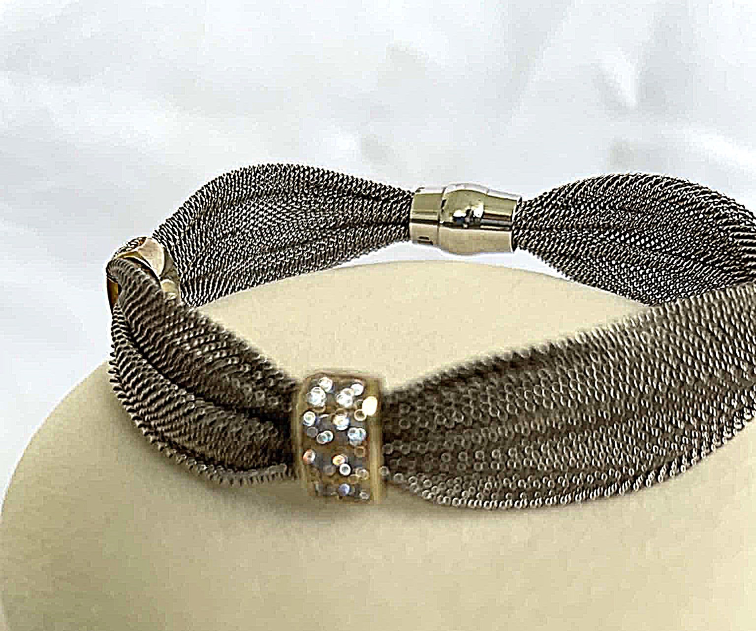 Italian Silver Mesh Bracelet 7.5″ Crystal Rondelles Adami Martucci Style