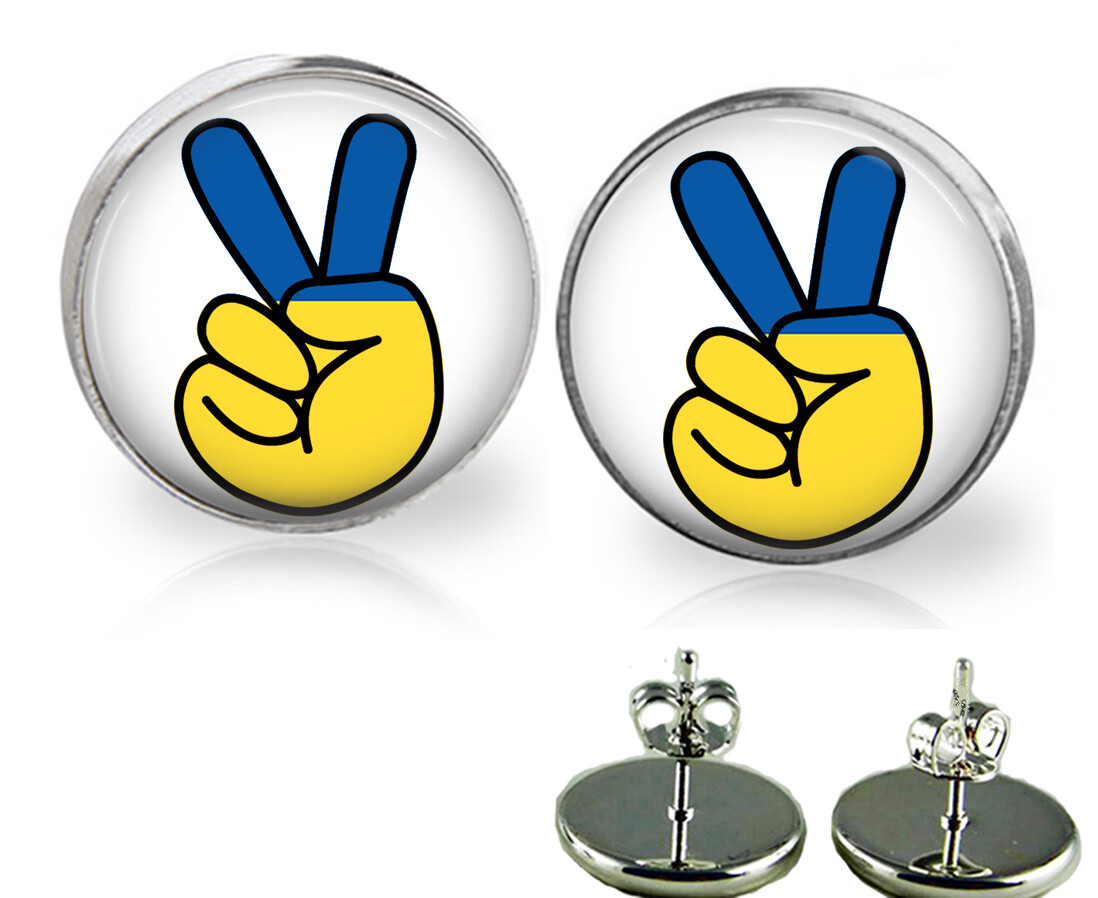 Peace Sign Ukraine Flag Glass Stud Earrings In 3 Sizes Handcrafted Photo Jewelry