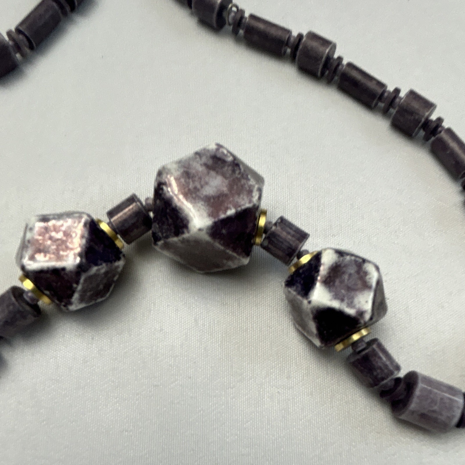 Black Gray Stone Beaded Necklace Hexagon Beads, Hook Closure