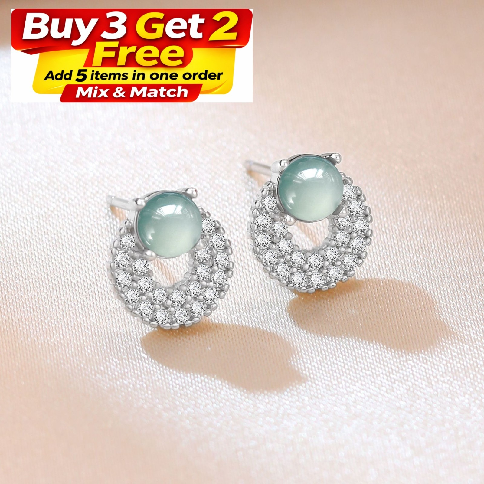 Natural Jadeite Jade Crystal Stud Earrings Gemstone 18K White Gold Plated