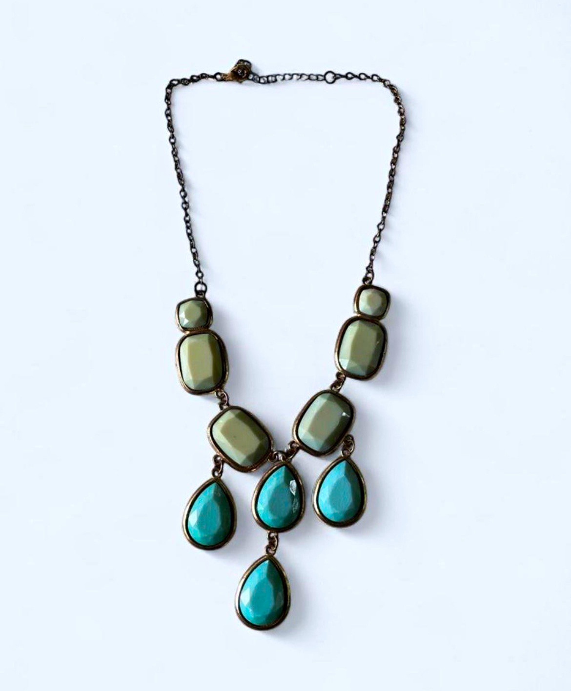 Statement Bib Necklace, Green & Blue Teardrop Stones, Cable Chain
