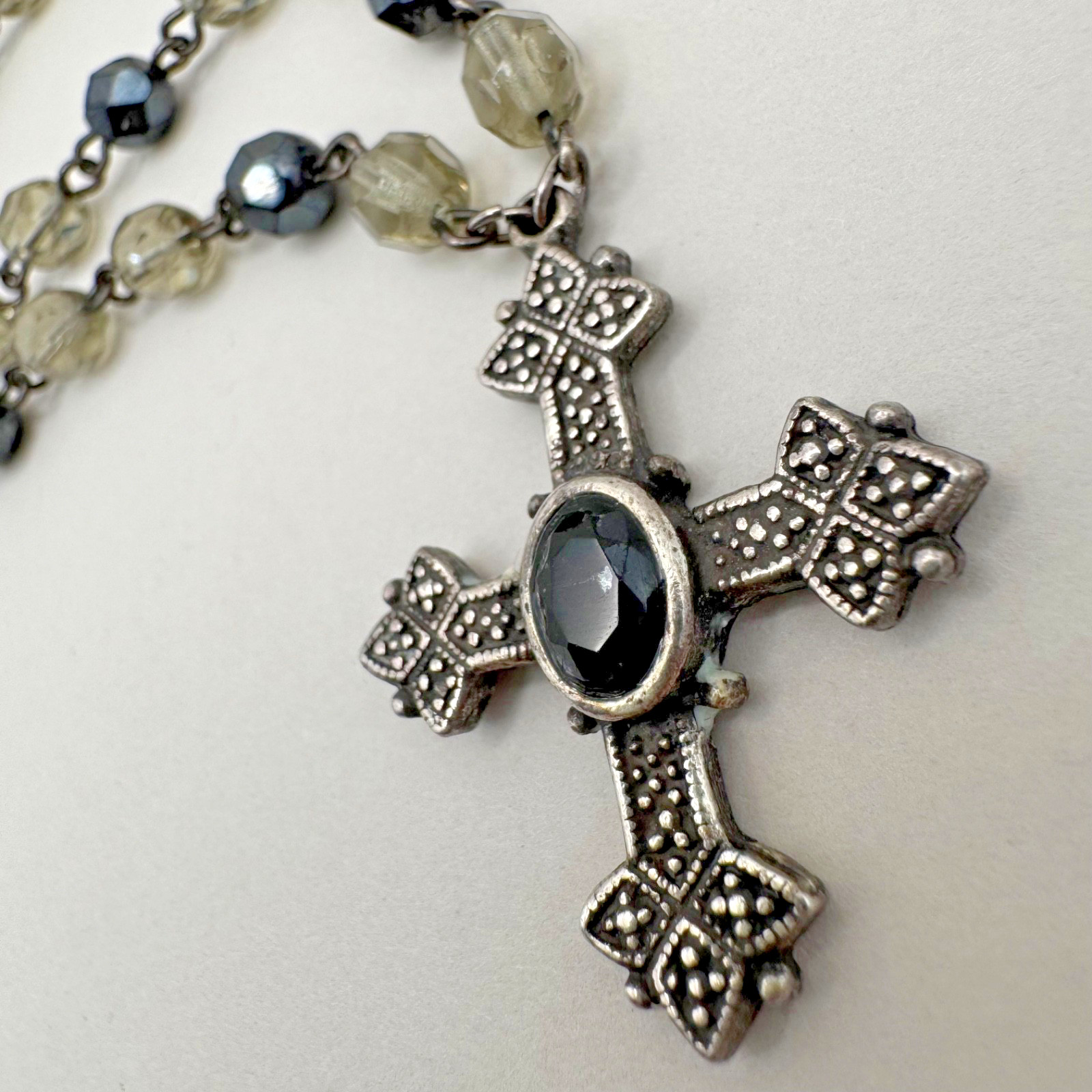 Cross Necklace Gothic Rosary Style Black Glass Bead Silver Tone Pendant 17″