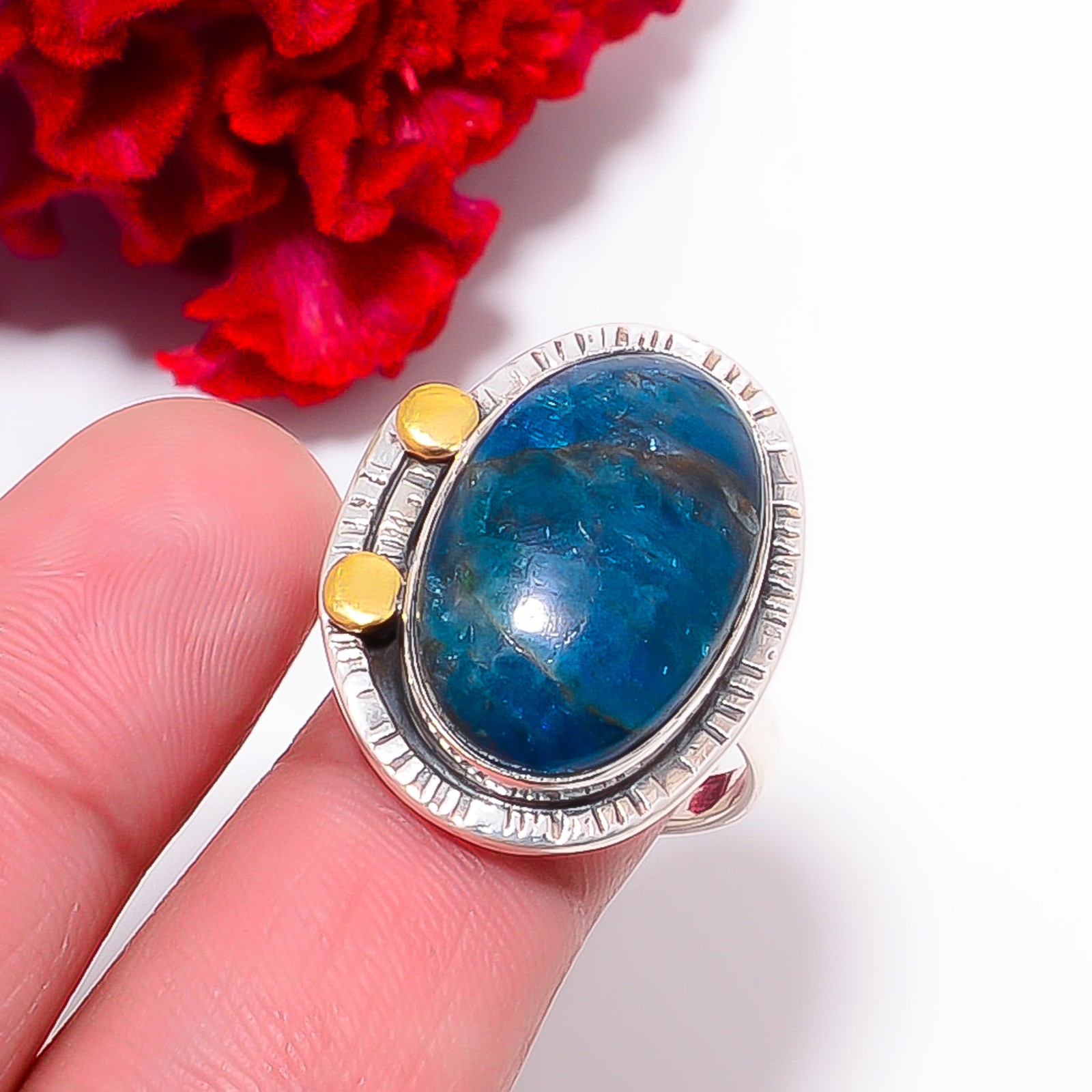 Neon Blue Apatite – Bahia Mines Two Tone 925 Sterling Silver Ring S.9 R9821