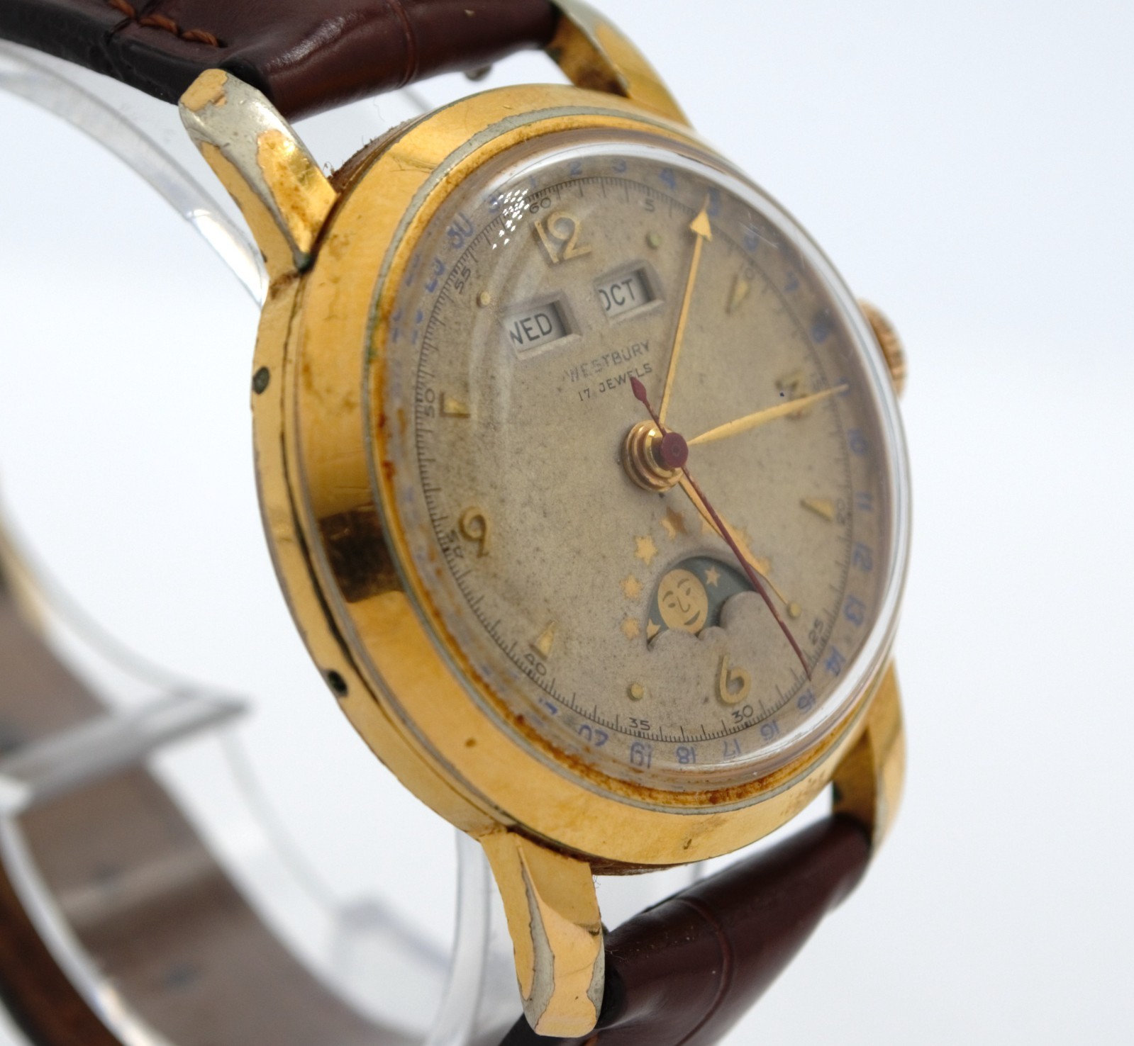 Vintage Westbury Triple Date Calendar Moon phase Manual Watch 34mm Gold Plated