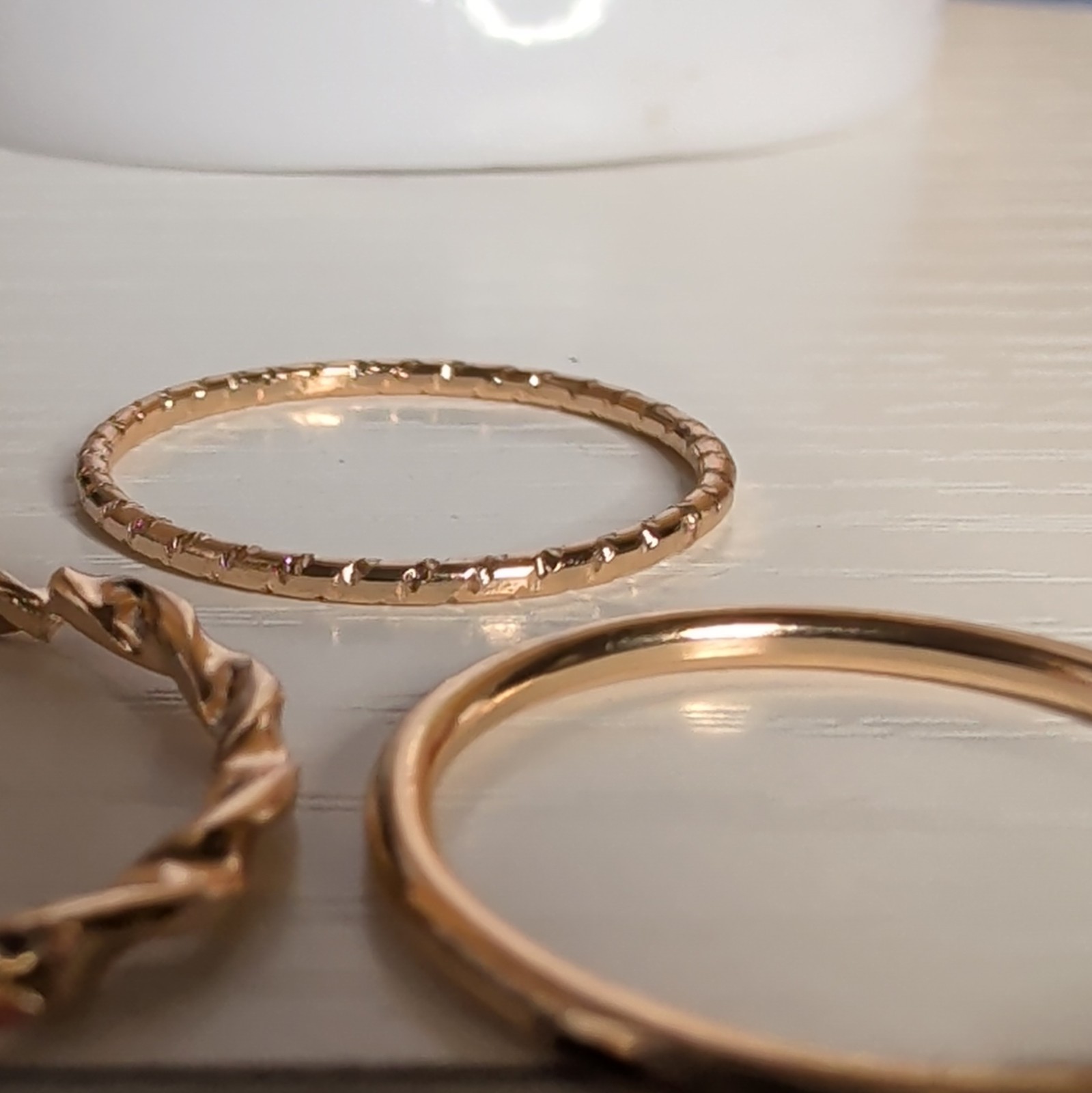 3-Piece Gold Tone Metal Stackable Band Ring Set Size 7.75 w/ Leaf Charm