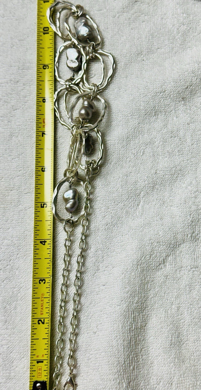 Hammered Silver Tone Oval Link Pearly Bead Collar Necklace n0357