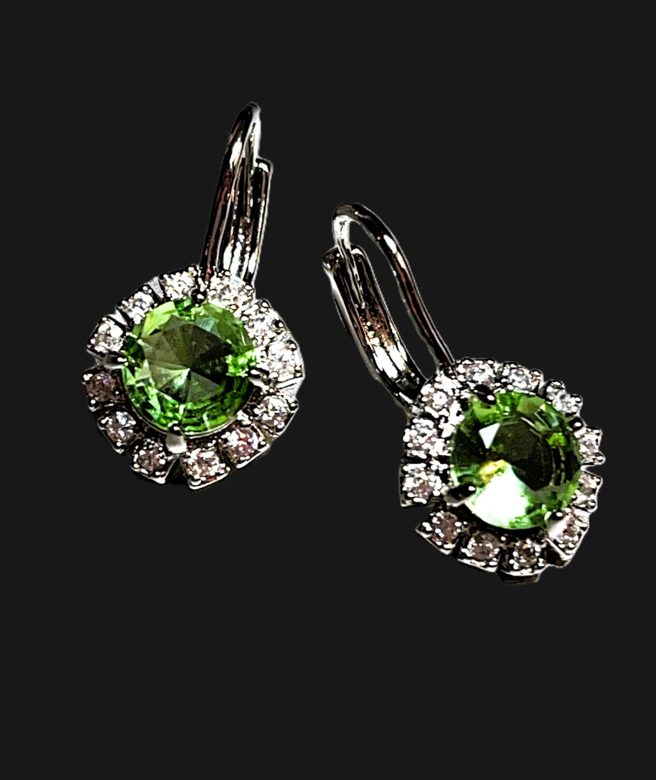 Peridot and White Sapphire Halo Earrings: 14kt white gold over sterling silver