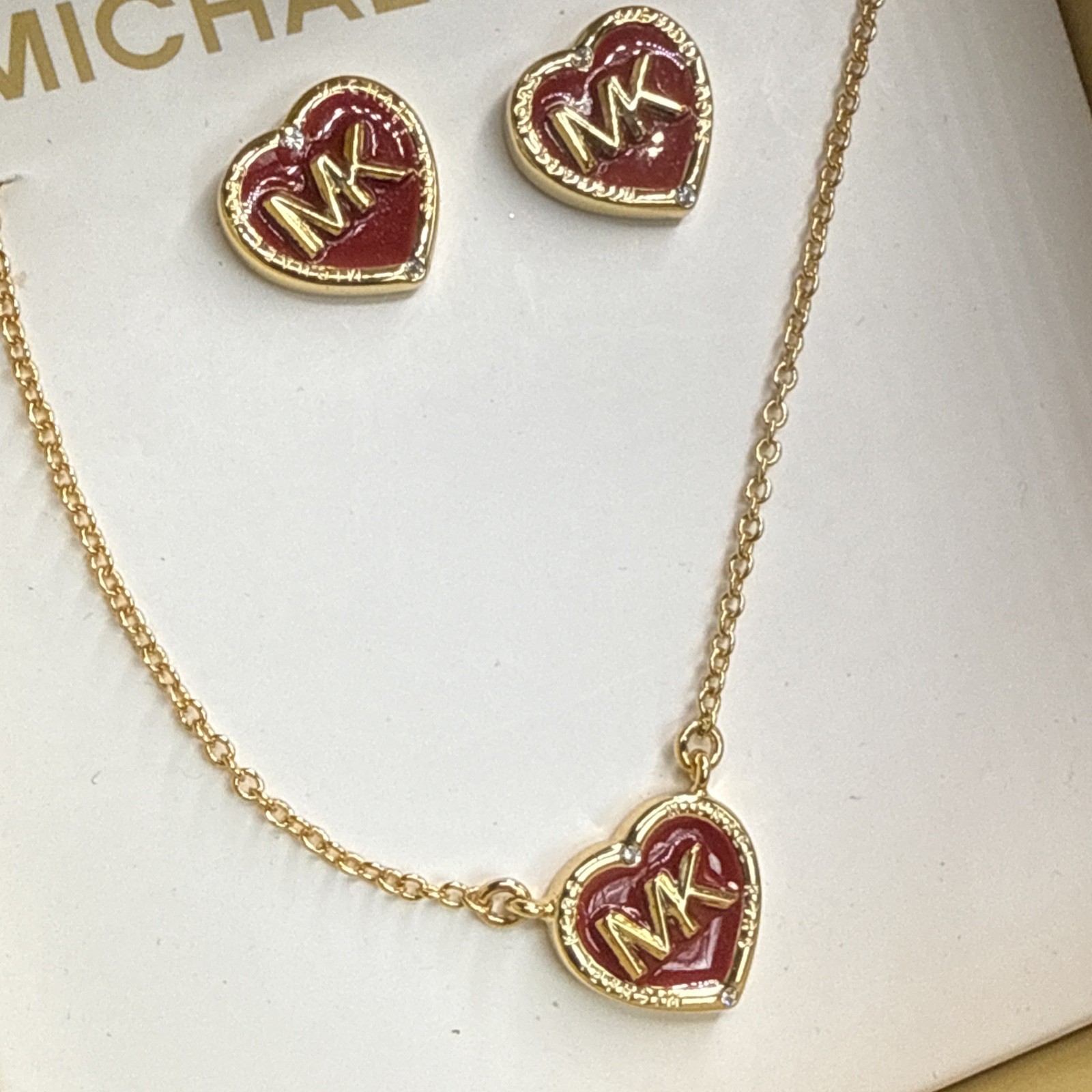 Michael Kors Heart Logo Red and Gold-Tone Brass Necklace and Earrings Gift Set