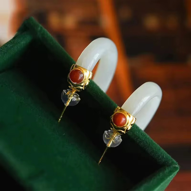 Natural White Jade Gemstone Hoop Earrings 925 Sterling Silver