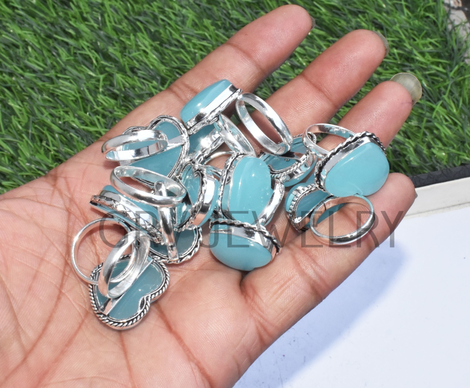1-500 Pcs Chalcedon In Wholesale Stone Heart Ring Lot Bulk: Silver Plated Whr-73