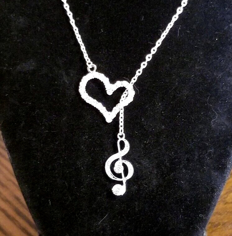 Sterling Silver Treble Clef Necklace Crystal Heart Lariat Necklace Music Note