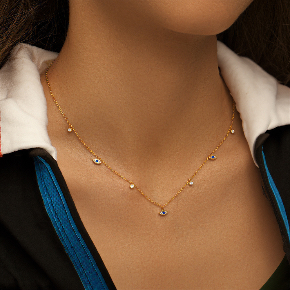 Gold Plated 925 Sterling Silver Blue CZ Evil Eye Station Necklace for Women