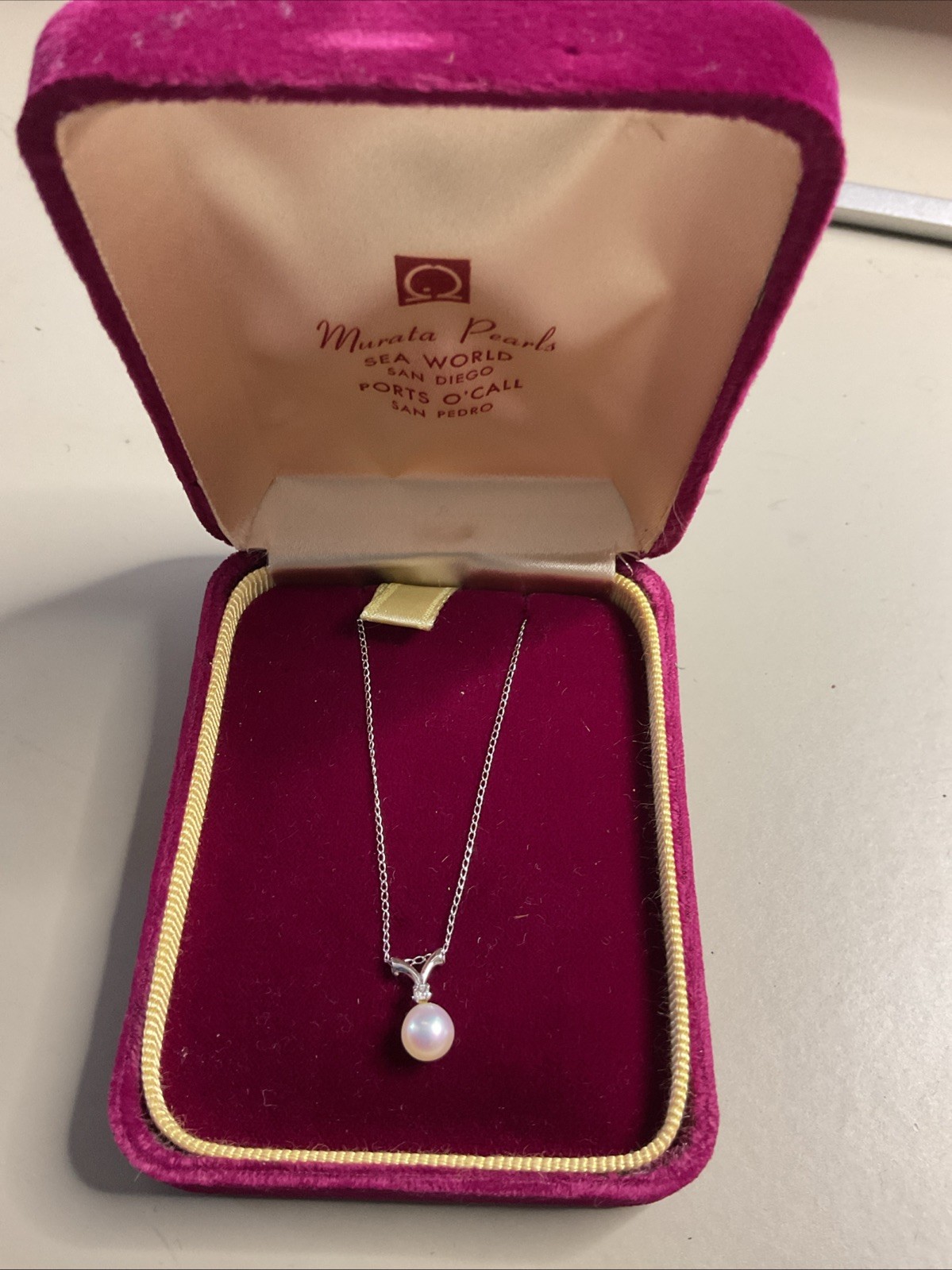 Murata VTG Pearl & Diamond Pendant Necklace, Dainty Silvertone Chain, Orig Box