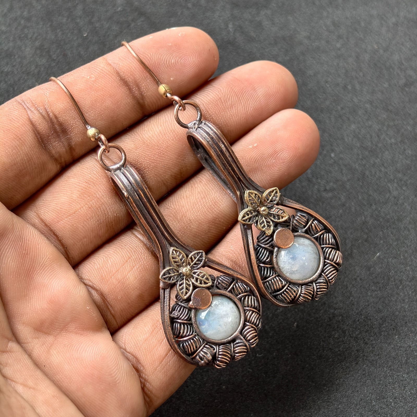Copper Wire Wrapped Moonstone Dangle Earrings, Handmade Copper Gemstone Earrings