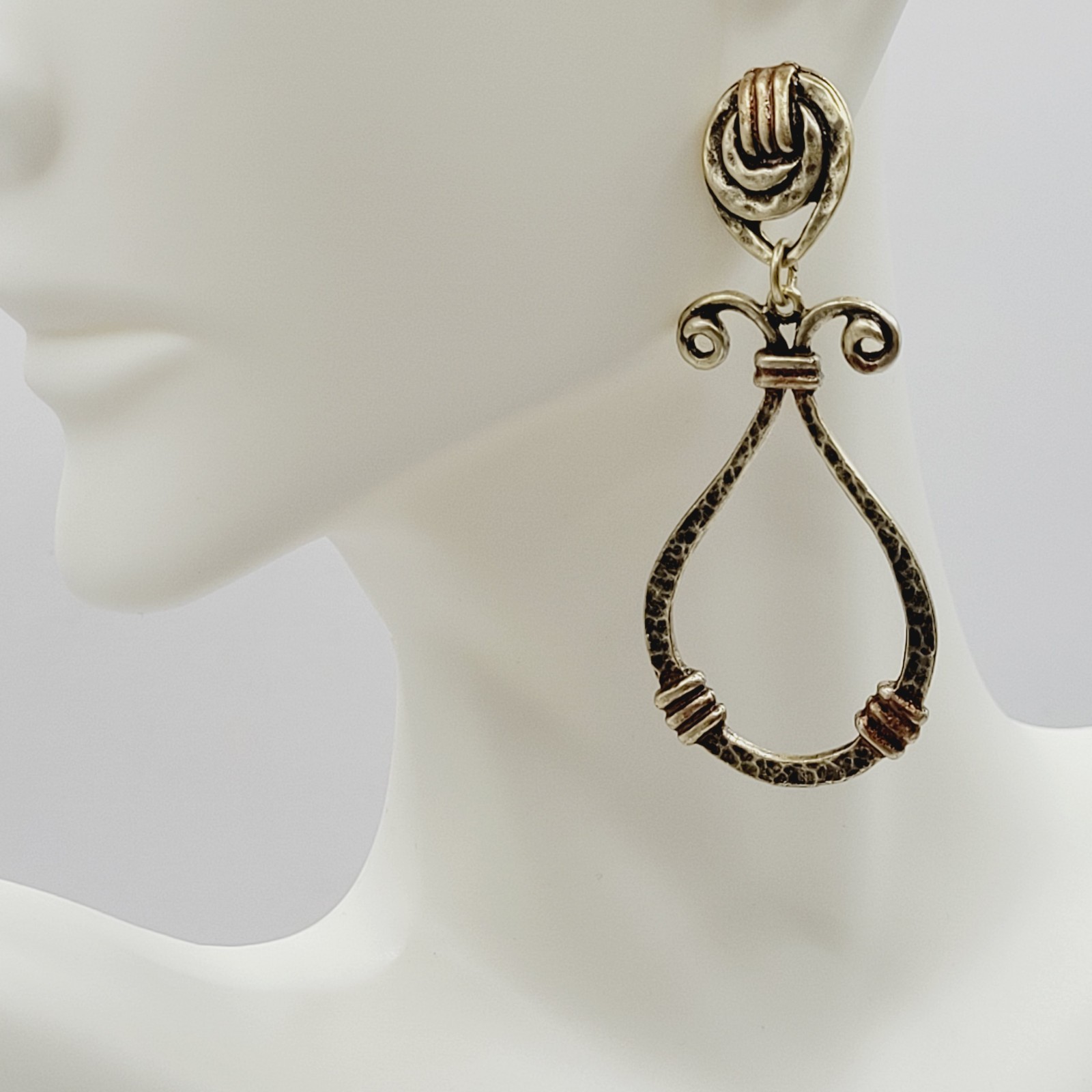 Modern Geometric Loop Hammered Look Ornate Stud Mix Metal Tone Pierced Earrings