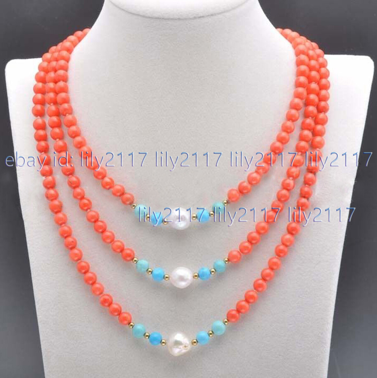 Round 6mm Pink Coral Blue Turquoise Gems &White Keshi Pearl Necklace 36-72 Inch
