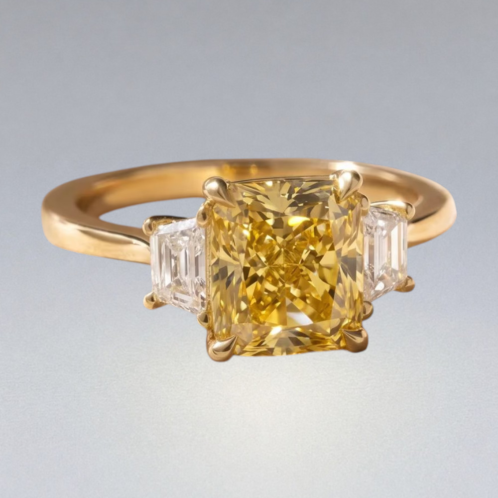 3.80 CT Radiant 14K Yellow Gold Diamond Ring Fancy Vivid Yellow IGI Lab Created