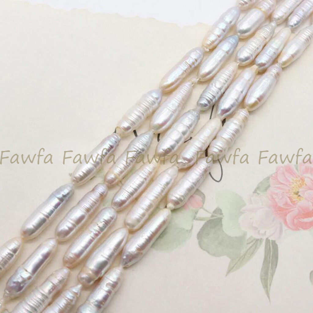 Natural 6x26mm Unique White Freshwater Baroque Long Biwa Pearl Loose Beads 15”