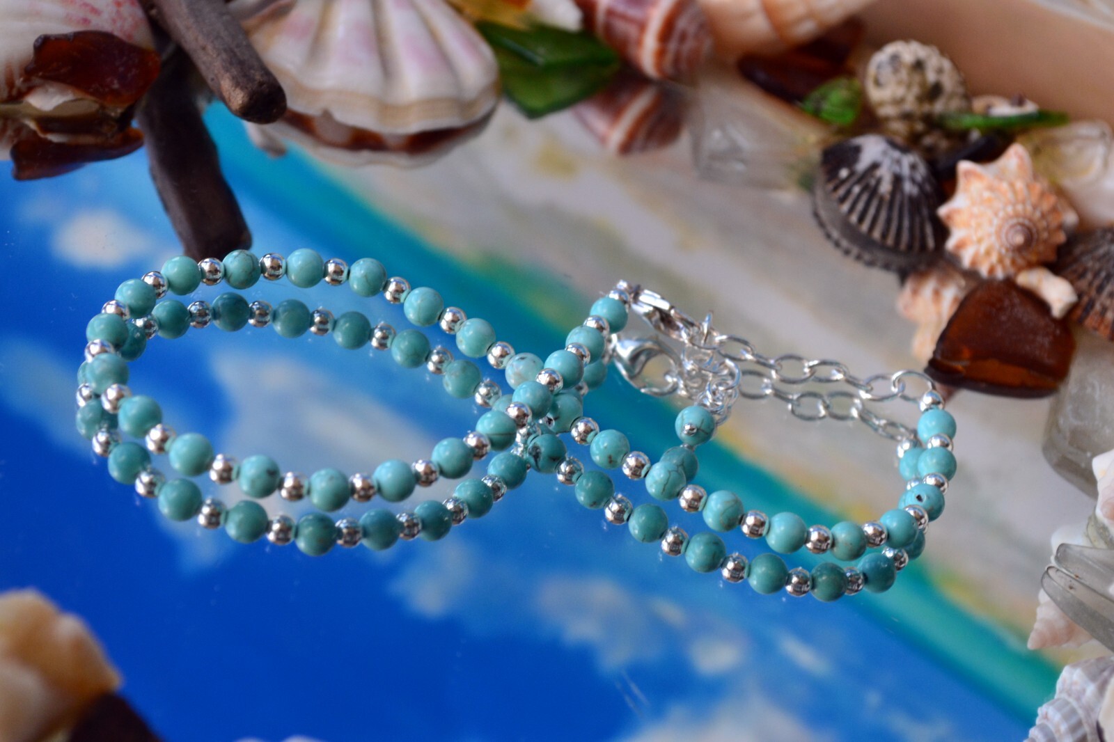 4mm Turquoise Bead and 3mm Sterling Silver Bead Ankle Bracelet 9 to 11 Inches
