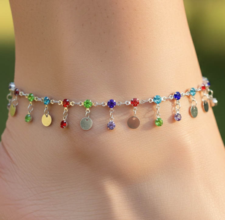Elegant Disc Charm Anklet for Women | 925 Silver Plated Brass Chain with CZ