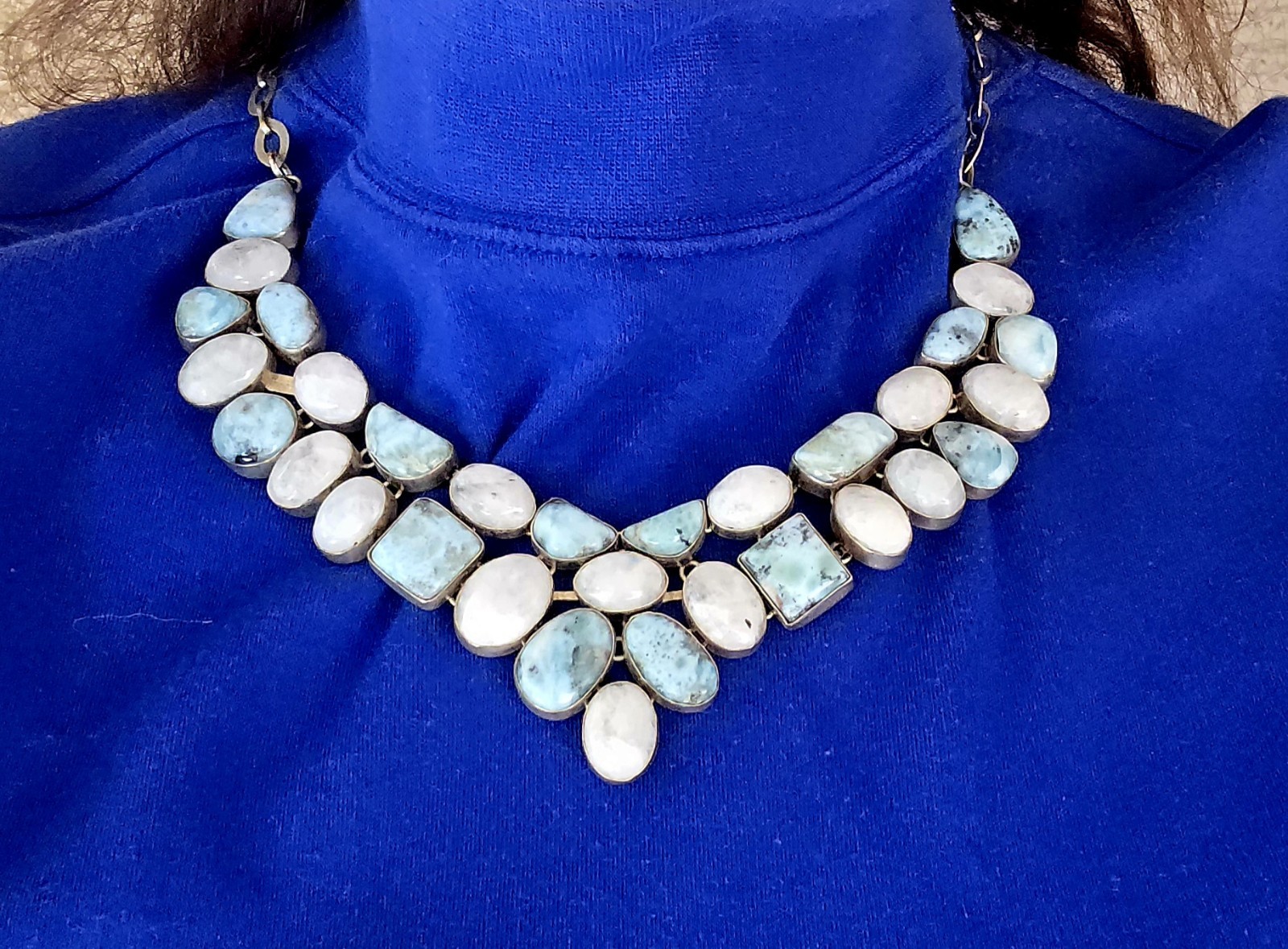 Moonstone, Larimar, & Silver Oval Bib Statement Necklace, Toggle, 18″