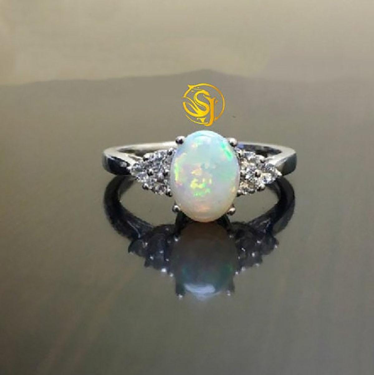 Oval Cut Opal Diamond Ring, 925 Sterling Silver Statement Ring