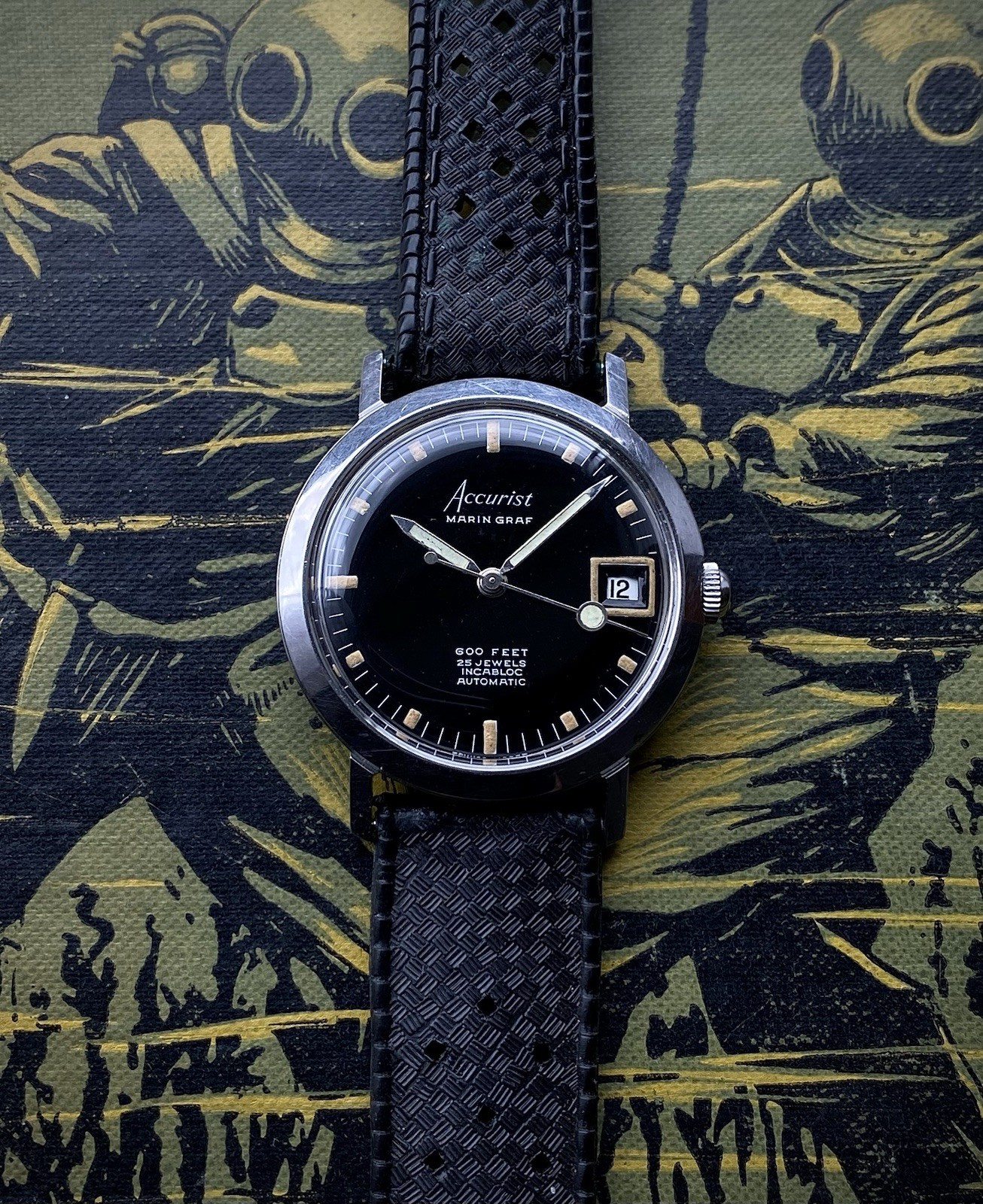 1960s Accurist Marin Graf 600 feet black dial Divers watch ETA 2452 date Tropic
